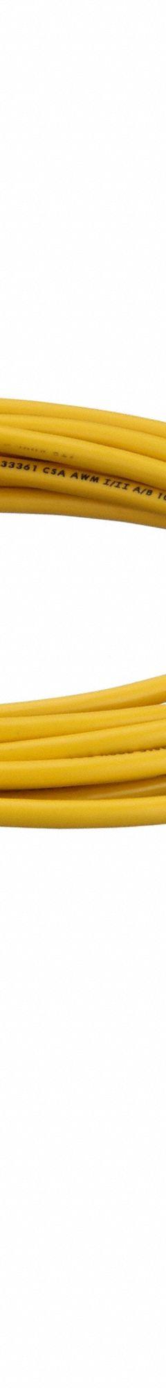 Cordset: M12 Male Straight X Bare Wire, 3 Pins, Yellow, PVC, 5 m Cable Lg, 4 A Max Current (A) (MPN 803006A09M050). Key specifications — Cable Jacket Color: Yellow; End 1 Gender: Male; End 1 Mounting Orientation: Straight; End 2 Connection Type: Bare Wire; IP Rating: IP65; Brand: BRAD HARRISON; NEMA Rating: 6P; Wire Size: 22 AWG.