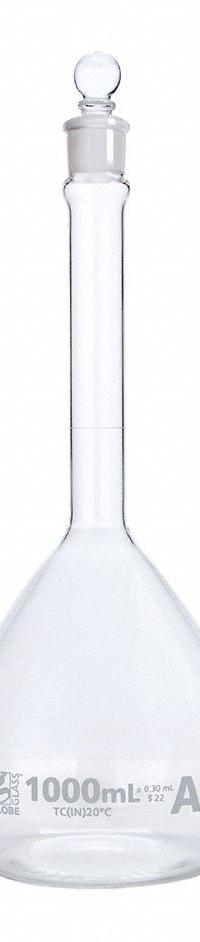 GLOBE SCIENTIFIC Volumetric Flask: 1 L, Colorless, A, 0.30 mL, Includes Closure, 300 mm Overall Ht (MPN 8201000). Key specifications — Tolerance: 0.30 mL; Body Color: Colorless; Brand: GLOBE SCIENTIFIC; Compatible with Stopper Size: 22; USP Specification: Type I.