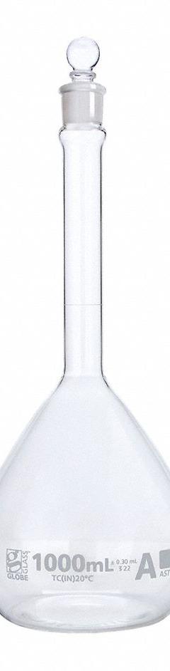 GLOBE SCIENTIFIC Volumetric Flask: 1 L, Colorless, A, 0.30 mL, Includes Closure, 300 mm Overall Ht (MPN 8201000). Key specifications — Tolerance: 0.30 mL; Body Color: Colorless; Brand: GLOBE SCIENTIFIC; Compatible with Stopper Size: 22; USP Specification: Type I.