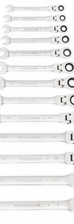 GEARWRENCH Combination Ratcheting Wrench Set: Alloy Steel, Full Polish Chrome, 13 Tools, Flex (MPN 9702D). Key specifications — attr309581: Full Polish Chrome; attr309580: Alloy Steel; attr309571: No; attr309583: No; attr309587: Yes; attr324931: GEARWRENCH; attr309569: 5/16 in to 1 in.