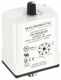 MACROMATIC Single Function Time Delay Relay: Socket Mounted, 24V AC/DC, 10 A, 8 Pins/Terminals (MPN TR-50528-05). Key specifications — Brand: MACROMATIC.