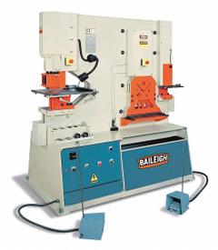 BAILEIGH INDUSTRIAL Ironworker: 230V AC /Three-Phase, 3 Stations, 123 Tonf Hydraulic Force, SW-95. Key specifications — attr66091: 16 in x 0.75 in; attr69797: Angle Shear; attr67058: 1-1/16 in x 3/32 in; attr66096: 4.1 in x 4.1 in x 0.5 in; attr66073: SW-95; attr66076: BAILEIGH INDUSTRIAL.