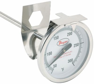Dwyer Clip On Dial Thermometer: 50°F to 300°F, +/- 2% Accuracy, 8 in Stem Lg - General Purpose Vat & Pan Clip-On Dial Thermometers
