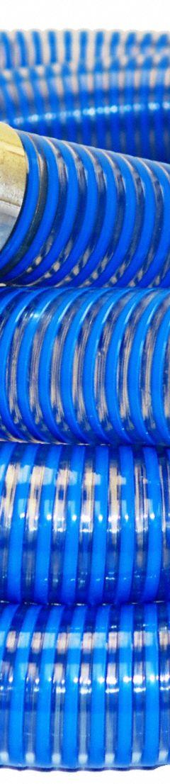 Suction and Discharge Hose: 1 1/2 in Hose Inside Dia., 90 psi, Blue/Clear, 15 ft Hose Lg (MPN BWS150-15CE). Key specifications — Temp. Range: -40° to 150°F; Hose Color: Clear; Brand: KURIYAMA.