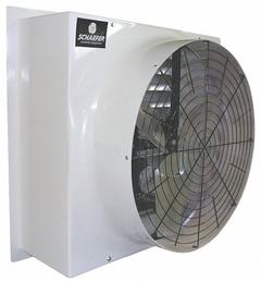 Agricultural Exhaust Fan: Belt Drive, 48 in Blade, 1 hp, Totally Enclosed Air Over, 23,391 cfm, 1 ph (MPN FFM485G1). Key specifications — Nameplate Voltage: 115/230V AC; Motor Enclosure: Totally Enclosed Air Over; Brand: SCHAEFER; Frame Finish: Polished; Frame Material: Fiberglass.