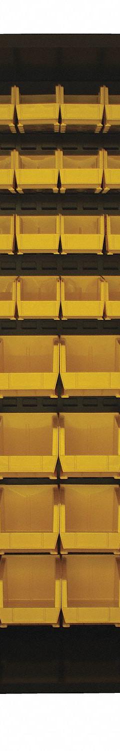 JAMCO Bin Cabinet: 36 in x 24 in 78 in, 0 Shelves, 136 Bins, Yellow, Flush, 14 ga Panel, Black, Bins (MPN DE236BL). Key specifications — Bin Color: Yellow; Bin HxWxD: (96) 3 in x 4-1/8 in x 7-1/2 in; Assembled: Assembled; Cabinet Style: Shelf and Bin; Brand: JAMCO; Cabinet Color: Black; Cabinet Finish: Powder Coated; Cabinet Material: Steel.