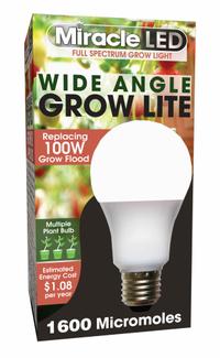 LED Grow Bulb: LED, A19, 120V, Full/Broad, 100 W Incandescent Watt Equivalency (MPN 602156). Key specifications — Plant Growth Application: Budding; Brand: MIRACLE LED; Bulb Shape: A19; Spectrum: Full/Broad.