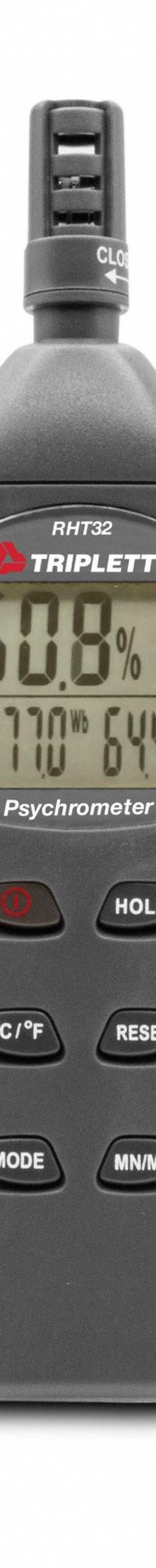 TRIPLETT Hygro Thermometer Psychrometer: Onboard, 7 in x 2 in x 1 in, -4°F to 122°F (MPN RHT32). Key specifications — attr1107597: TRIPLETT; attr1134764: Not Included.
