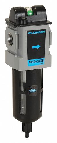 WILKERSON Coalescing Filter: Coalescing, 1/4 in NPT, 0.5 micron, 85 cfm, 150 psi Max Op Pressure (MPN M18-02-BK00B). Key specifications — attr110055: M18; attr110008: WILKERSON.