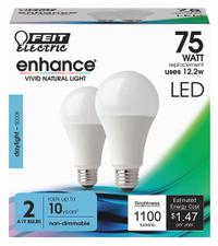 FEIT ELECTRIC Compact LED Bulb: Medium Screw (E26), LED, (A) Classic, A19, 12.2 W Watt, 5000K (MPN OM75/950CA10K/2). Key specifications — attr233510: A19; attr233525: 120V AC; attr233549: Frosted; attr518949: 5000K; attr239859: FEIT ELECTRIC.