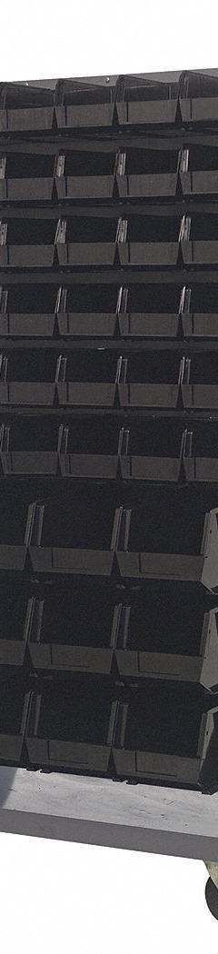 QUANTUM STORAGE SYSTEMS Mobile Louvered Floor Rack: 36 in x 24 in x 72 in, 96 Bins Included, Black (MPN QMD-36H-230240BK). Key specifications — Bin Width: (72) 5-1/2 in; Color: Gray; Caster Wheel/Configuration: (2) Rigid; Caster Wheel/Tread Material: Hard Rubber; Bin Color: Black; Bin Depth: (24) 14-3/4 in; Bin Height: (72) 5 in; Brand: QUANTUM STORAGE SYSTEMS.