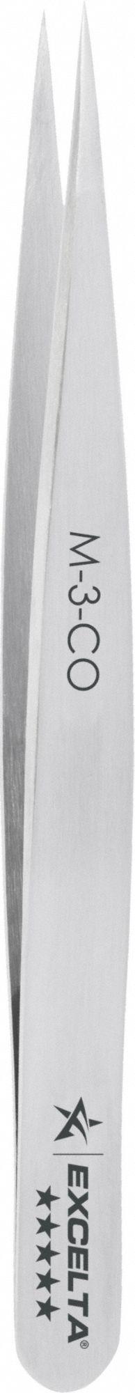 EXCELTA Tweezers: Cobalt, Point, Straight Tip, 0.0016 in Tip Thick (MPN M-3-CO). Key specifications — attr1002355: Cobalt; attr1002345: EXCELTA; attr1002348: Cobalt; attr1002358: Serrated; attr1002361: M-3; attr1024781: Standard.
