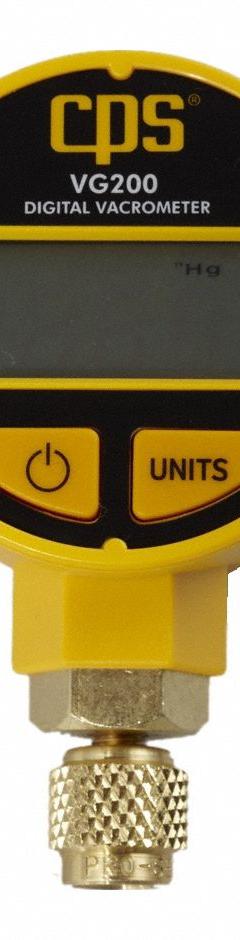 PRO-SET Vacuum Gauge: LCD, 1 micron Hg to 100,000 micron Hg, 1/4 in Female SAE Flare Right-Hand, 9V (MPN VG200). Key specifications — Brand: PRO-SET; Indication Method: Visual; Access Port Included: No.