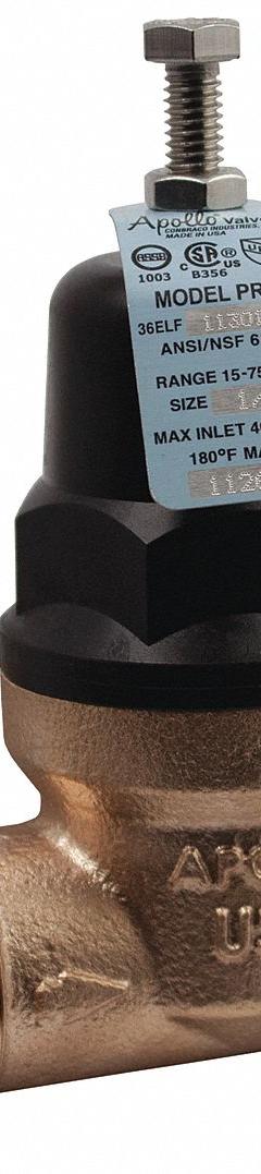 APOLLO Water Pressure Reducing Valve: NPT x NPT, 1/2 in Pipe Size, Bronze, 15 psi to 75 psi (MPN 36ELF11301T). Key specifications — Brand: APOLLO; Low-Lead Compliance: Low-Lead Compliant.