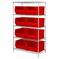 QUANTUM STORAGE SYSTEMS Shelving Unit: 42 in x 30 in x 74 in, 1 Sided, 8 Bins, Shelf Bin, Red (MPN WR5-975RD). Key specifications — Includes Bins: Yes; Frame Color: Chrome; Bin HxWxD: 12 x 18-1/4 x 29-7/8 in; Frame Material: Carbon Steel; Bin Color: Red; Bin Style: Shelf; Brand: QUANTUM STORAGE SYSTEMS.