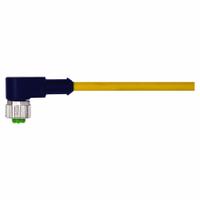 Cordset: M12 Female Right Angle X Bare Wire, 4 Pins, Yellow, PVC, 10 m Cable Lg, 4 A Max Current (A) (MPN 7000-12341-0141000). Key specifications — Cable Jacket Color: Yellow; End 1 Gender: Female; End 1 Mounting Orientation: Right Angle; End 2 Connection Type: Bare Wire; IP Rating: IP66K; Brand: MURRELEKTRONIK; Wire Size: 22 AWG; Cable Jacket Material: PVC.