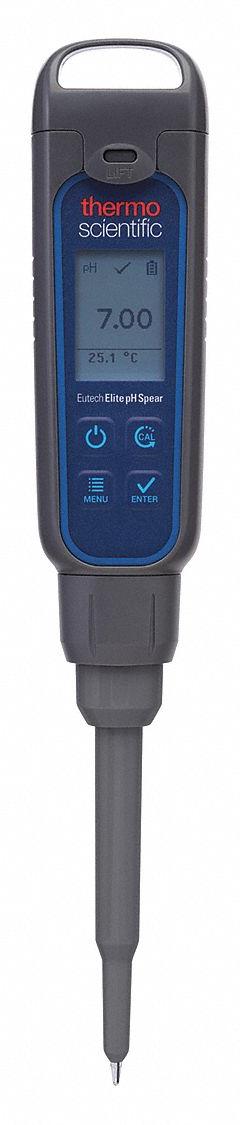 THERMO SCIENTIFIC pH Meter: pH, Meter, Batteries/Lanyard, Reagents Sold Separately, ±0.02 pH (MPN ELITEPHSPEAR-1). Key specifications — pH Accuracy: ±0.02 pH; Temp Compensation: Manual; Measurement Components Included: Meter; Reagents and Solutions Included: Reagents Sold Separately; Test Parameters: pH; Other Accessories Included: Batteries; Manufacturer Part Number: ELITEPHSPEAR-1.