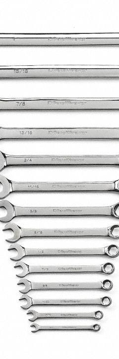 GEARWRENCH Combination Ratcheting Wrench Set: Alloy Steel, Full Polish Chrome, 14 Tools, Std (MPN 81924). Key specifications — attr309520: Full Polish Chrome; attr309519: Alloy Steel; attr324929: GEARWRENCH; attr309522: No; attr309533: Yes.