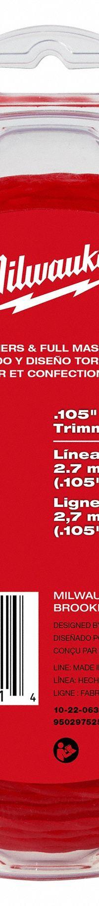 MILWAUKEE String Trimmer Line: Nylon, 0.105 in Dia, 180 ft Overall Lg, Twisted, Red, 51 to 250 ft (MPN 49-16-2800). Key specifications — Brand: MILWAUKEE; Compatible Manufacturer Number: Universal; Compatible Product Type: String Trimmers; Material: Nylon.