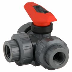 GF PIPING SYSTEMS Manual Three-Way Ball Valve: 1/2 in, PVC, L Flow, FNPT x FNPT x FNPT, Two-Piece (MPN 161543102). Key specifications — Brand: GF PIPING SYSTEMS; Handle: Locking Lever.