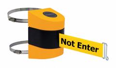TENSABARRIER Retractable Belt Barrier: Hose Clamp Mounting Plate, 30 ft Belt Lg, Caution Messaging (MPN 897-30-C-35-NO-YAX-A). Key specifications — Message Color: Black; Frame Color: Black/Yellow; Brand: TENSABARRIER; Belt Color: Yellow.