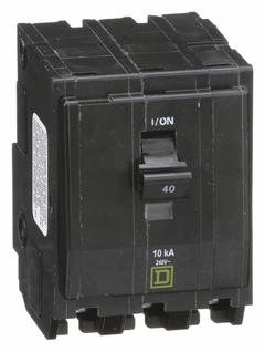 SQUARE D Miniature Circuit Breaker: 40 A, 120/240V AC, Three Phase, 10kA at 120/240V AC, 3 Poles (MPN QO340). Key specifications — Phase: Three; Amps: 40 A; AC Voltage Rating: 120/240V AC; Max. AIR Rating: 10kA at 120/240V AC; For Use With: QO Load Centers and NQ Panelboards; Brand: SQUARE D.