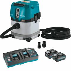 MAKITA Portable Cordless Shop Vacuum Kit: Cordless, HEPA, Dry, 4 gal Tank, (2) Batteries/Charger (MPN GCV04PMX). Key specifications — attr118063: (2) Batteries; attr118066: HEPA; attr118075: Dry; attr118056: 4.0 Ah.