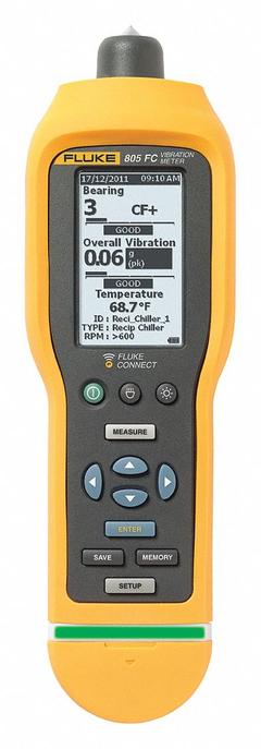 FLUKE Vibration Meter: Vibration, 10 to 1,000 Hz (Low)/4,000 to 20,000 Hz (High), LCD, ±5% Accuracy (MPN FLUKE-805 FC). Key specifications — Brand: FLUKE; Accuracy: ±5%; Includes: USB Cable; Digital Display Screen Type: LCD; Frequency Ranges: 4,000 to 20,000 Hz (High); Certificate of Calibration: Not Included.