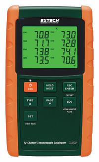 EXTECH Thermocouple: For Type E/Type J/Type K/Type R/Type S/Type T Thermocouple Type, 12 Channels (MPN TM500-NIST). Key specifications — Testing Functions: Min/Max Temperature; Accuracy: ±0.5 % +5 °F/3 °C (Type R, S); Brand: EXTECH.