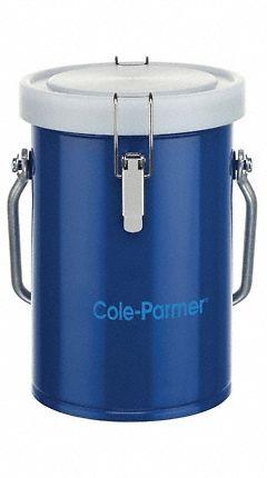 COLE-PARMER Cryogenic Dewar: 1 L Capacity, 6 1/4 in Overall Dia, 8 3/8 in Overall Ht, Glass, Lid (MPN 0377210). Key specifications — Brand: COLE-PARMER; Material: Glass; Includes: Lid; Included Safety Features: Lockable.
