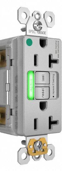 LEGRAND GFCI: Hospital Grade, Duplex, 5-20R, Gray, GFCI, 125V AC, 20 A, 2 Pole / 3 Wire (MPN 2097HGTRPIGRY)