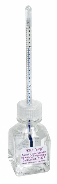 FRIO-TEMP Bottle Thermometer: 25°C to 45°C, +/-0.2°C, 60 mL Bottle Volume, Enviro-Safe® Liquid (MPN B61001-0400). Key specifications — Bottle Fill Medium: Enviro-Safe® Liquid; Temperature Units: Celsius; Accuracy: +/-0.2°C; Brand: FRIO-TEMP.
