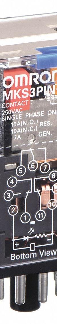 OMRON General Purpose Relay: Socket Mounted, 10 A Current Rating, 24V DC, 3PDT, 11 Pins/Terminals (MPN MKS3PIN5DC24). Key specifications — Brand: OMRON; Base Type: Octal; Mounting Style: Plug-In; Pin Shape: Round; Electrical Connection: Plug-In; Manufacturer Part Number: MKS3PIN5DC24; Operating Current: 5 A at 250V AC (Resistive Load); Series: MK-S Series.
