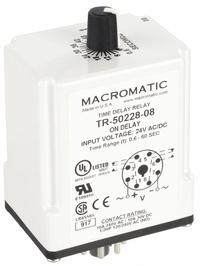 MACROMATIC Single Function Time Delay Relay: Socket Mounted, 24V AC/DC, 10 A, 8 Pins/Terminals (MPN TR-50228-08). Key specifications — Brand: MACROMATIC.