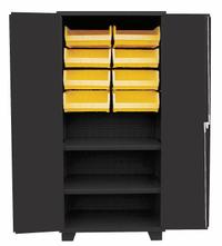 JAMCO Bin Cabinet: 36 in x 24 in 78 in, 2 Shelves, 8 Bins, Yellow, Solid, 14 ga Panel, Black, Solid (MPN HH236BL). Key specifications — Bin Color: Yellow; Bin HxWxD: (8) 7 in x 16-1/2 in x 14-3/4 in; Assembled: Assembled; Cabinet Style: Shelf and Bin; Brand: JAMCO; Cabinet Color: Black; Cabinet Finish: Powder Coated; Cabinet Material: Steel.