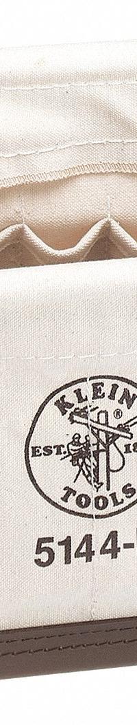 KLEIN TOOLS Bucket Bag: 14 in W x 10 in H, Off-White, Canvas, 15 Pockets, Open Top (MPN 5144B). Key specifications — attr1118525: KLEIN TOOLS; attr1125037: Off-White; attr1125041: Canvas; attr1203718: Yes.
