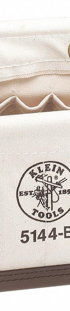 KLEIN TOOLS Bucket Bag: 14 in W x 10 in H, Off-White, Canvas, 15 Pockets, Open Top (MPN 5144B). Key specifications — attr1118525: KLEIN TOOLS; attr1125037: Off-White; attr1125041: Canvas; attr1203718: Yes.