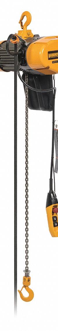 HARRINGTON Electric Chain Hoist: H4 - Heavy Duty, 115V AC, Hook Mounted - No Trolley, 2 Speeds (MPN SEQ001SD-15). Key specifications — Brand: HARRINGTON; Includes: Pendant; Operating Voltage: 115V AC; Headroom Clearance: 28 in - 30 in.
