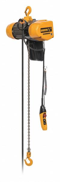 HARRINGTON Electric Chain Hoist: H4 - Heavy Duty, 115V AC, Hook Mounted - No Trolley, 2 Speeds (MPN SEQ001SD-15). Key specifications — Brand: HARRINGTON; Includes: Pendant; Operating Voltage: 115V AC; Headroom Clearance: 28 in - 30 in.