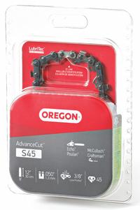OREGON Chainsaw Chain: 12 in Compatible Bar Lg, 3/8 in, 0.05 in Gauge, 45 Links, 5/32 in File Size (MPN S45). Key specifications — attr977596: OREGON; attr977598: Remington; attr977603: 3/8 in.
