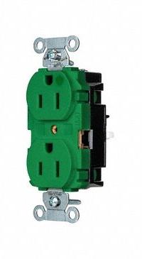 HUBBELL Receptacle: Hospital Grade, Duplex, 5-15R, Green, 125V AC, 15 A, 2 Pole / 3 Wire (MPN 8200STGN)