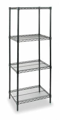 APPROVED VENDOR Wire Shelving Unit: Starter, 24 in x 24 in, 63 in Overall Ht, 4 Shelves, Dry/Wet (MPN 2KPL4). Key specifications — Recommended Environments: Wet; Color: Black; Finish: Powder Coated; Material: Steel; Brand: APPROVED VENDOR.