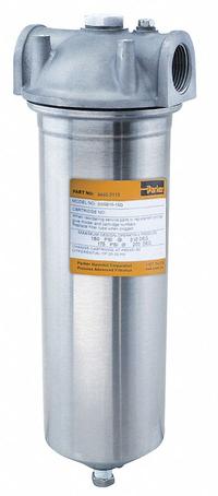 PARKER Water Filter Housing: 3/4 in, NPT, Female, 22 7/8 in Overall Ht, 3 5/8 in Overall Dia, Silver (MPN BSSB20-3/4SD). Key specifications — Housing Material: 316 Stainless Steel; Housing Color: Silver; Brand: PARKER.