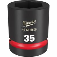 MILWAUKEE Standard Impact Socket: 1 in Drive Size, Metric, 35 mm Socket Size, 6-Point, Std, Friction (MPN 49-66-6600). Key specifications — attr1215501: MILWAUKEE; attr1215515: Black Phosphate; attr1215518: 35 mm.
