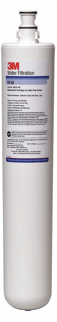 3M Quick-Connect Water Filter: 0.5 micron, 1.7 gpm, 14,000 gal, 15 1/2 in Overall Ht (MPN 5615105). Key specifications — Filter Media: Activated Carbon; Reduces: Cyst; Brand: 3M.