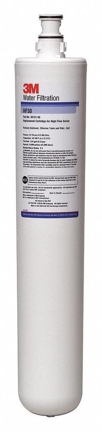 3M Quick-Connect Water Filter: 0.5 micron, 1.7 gpm, 14,000 gal, 15 1/2 in Overall Ht (MPN 5615105). Key specifications — Filter Media: Activated Carbon; Reduces: Cyst; Brand: 3M.