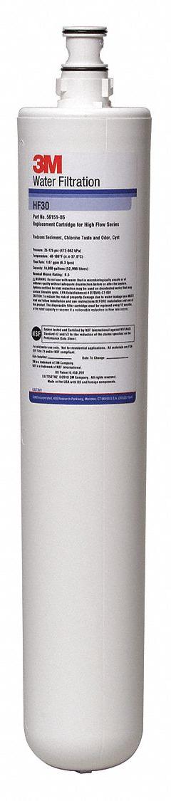 3M Quick-Connect Water Filter: 0.5 micron, 1.7 gpm, 14,000 gal, 15 1/2 in Overall Ht (MPN 5615105). Key specifications — Filter Media: Activated Carbon; Reduces: Cyst; Brand: 3M.