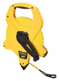 STANLEY Long Tape Measure: Manual, 34-762, SAE/Engineers Scale, 300 ft, 1/8 in, Plastic, Fiberglass. Key specifications — attr939846: 34-762; attr939849: Fiberglass; attr939859: Nonmagnetic Single Hook; attr939850: Double-Sided; attr939855: 1/8 in; attr944023: Hook End; attr940484: STANLEY; attr985224: Plastic.