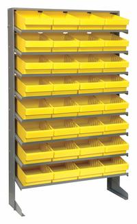 QUANTUM STORAGE SYSTEMS Pick Rack: 36 in x 12 in x 60 in, 1 Usable Sides, 8 Shelves, 32 Bins, Yellow (MPN QPRS-701YL). Key specifications — Bin HxWxD: (32) 4-5/8 in x 8-3/8 in x 11-5/8 in; Frame Material: Steel; Frame Color: Silver; Bin Color: Yellow; Brand: QUANTUM STORAGE SYSTEMS.