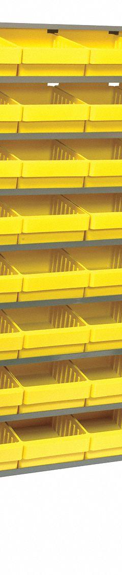QUANTUM STORAGE SYSTEMS Pick Rack: 36 in x 12 in x 60 in, 1 Usable Sides, 8 Shelves, 32 Bins, Yellow (MPN QPRS-701YL). Key specifications — Bin HxWxD: (32) 4-5/8 in x 8-3/8 in x 11-5/8 in; Frame Material: Steel; Frame Color: Silver; Bin Color: Yellow; Brand: QUANTUM STORAGE SYSTEMS.